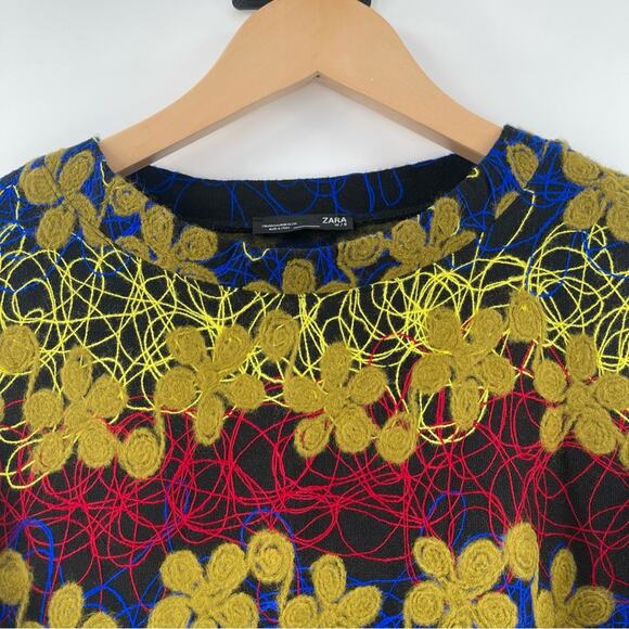 ZARA Sweater Dress Size Medium Embroidered Yarn Flower Knit Boiled Wool Blend - Picture 5 of 15